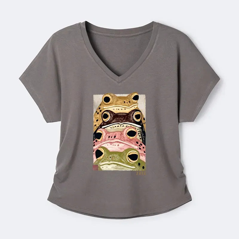 Kyoto-Lion Whimsical Multi Colored Frog Art Modal Dolman Sleeve T-Shirt