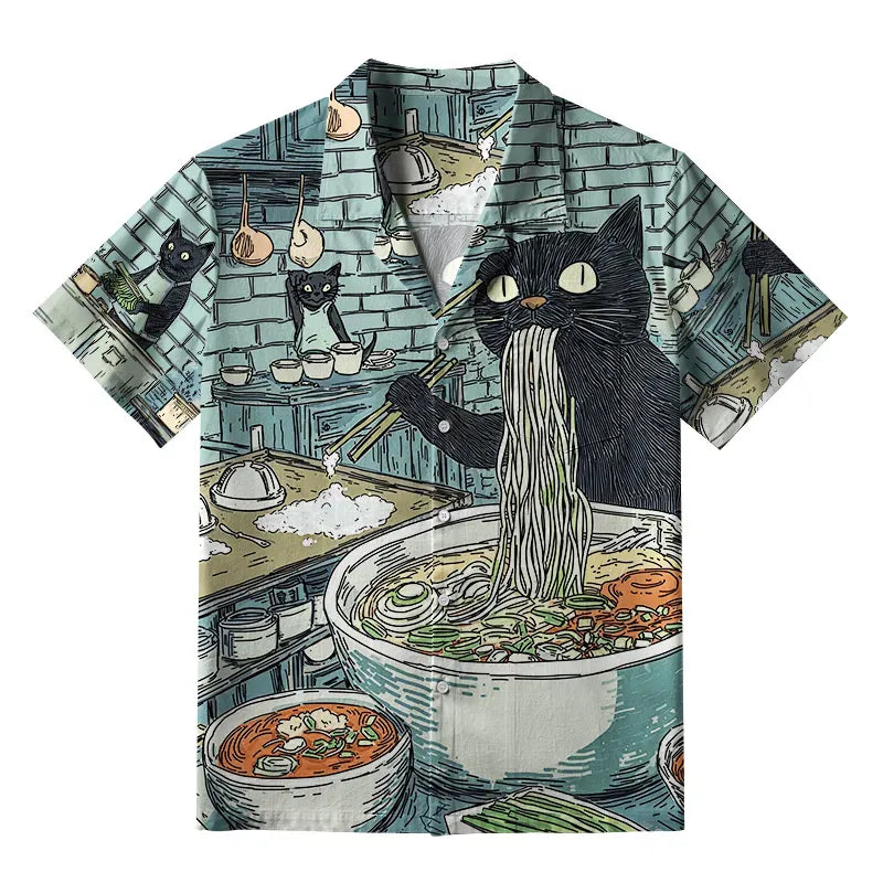 Trendy Japanese Cat Hawaiian Shirt for Beach