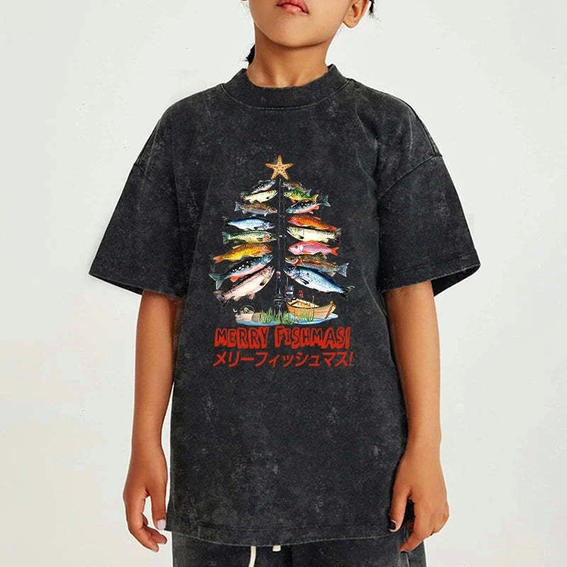 Kyoto-Lion Christmas Tree Fish Kids Washed T-Shirt