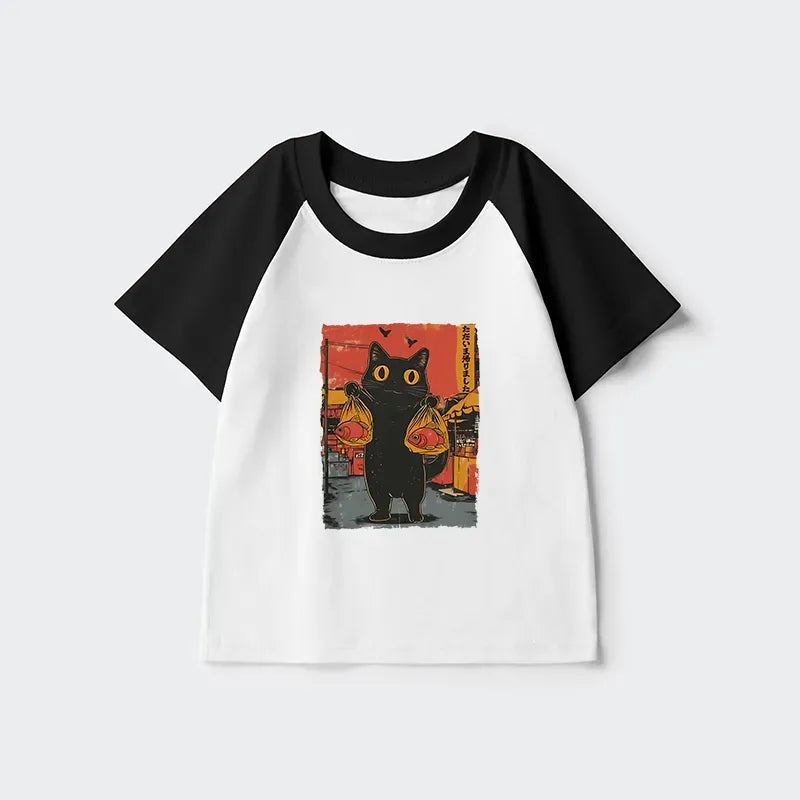 Trendy Japanese Kids Cat Raglan for Summer