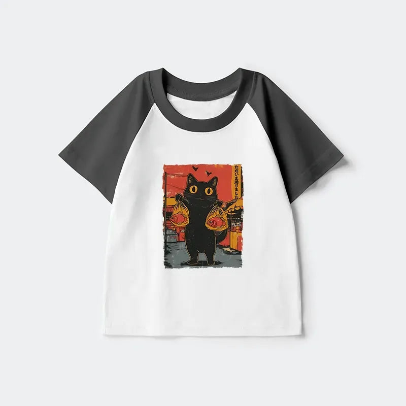 Trendy Japanese Kids Cat Raglan for Summer