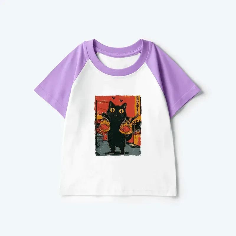 Trendy Japanese Kids Cat Raglan for Summer