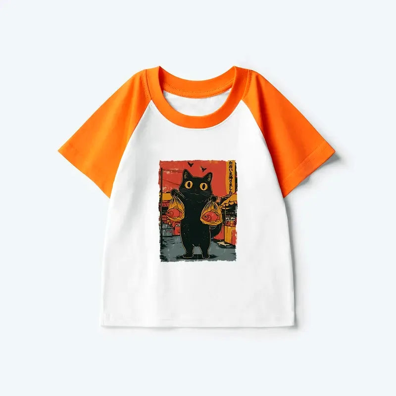 Trendy Japanese Kids Cat Raglan for Summer