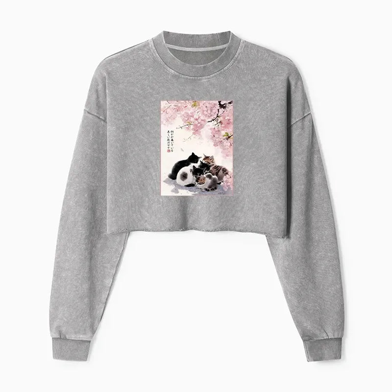 Kyoto-Lion Cute Cats Sakura Garden Washed Crop Sweatshirt