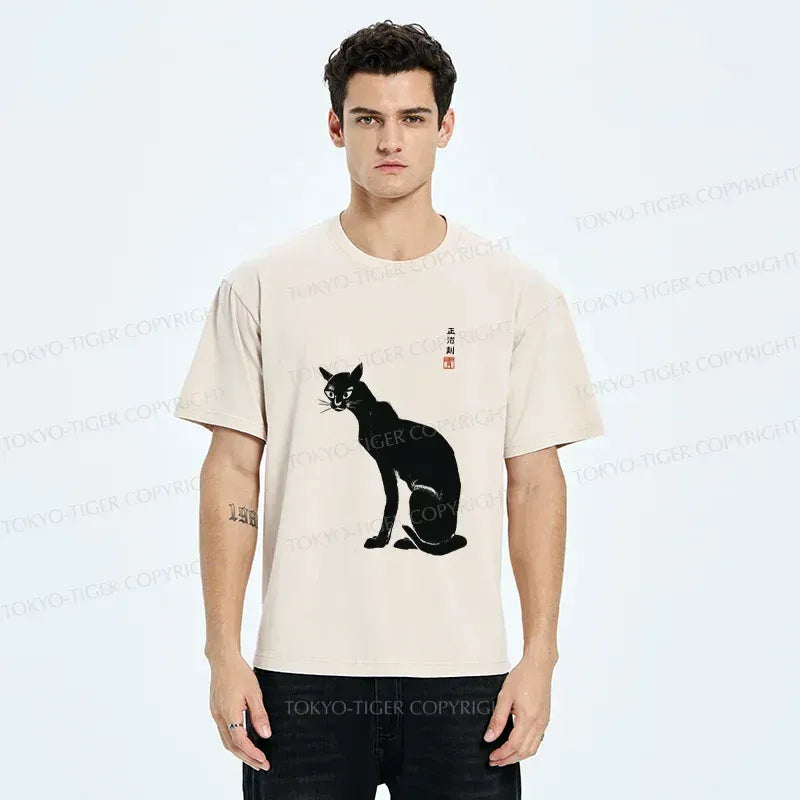 Kyoto-Lion Slender Black Cat Washed T-Shirt