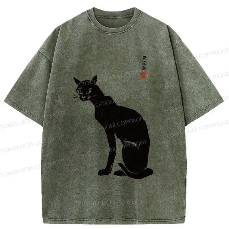 Kyoto-Lion Slender Black Cat Washed T-Shirt