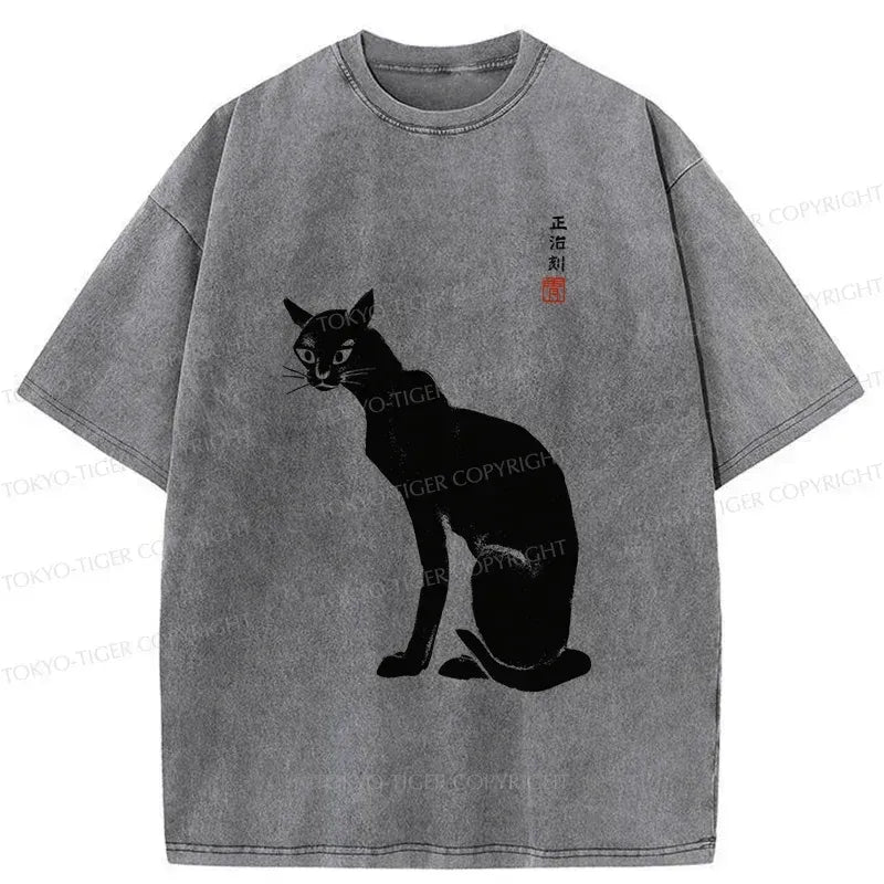 Kyoto-Lion Slender Black Cat Washed T-Shirt