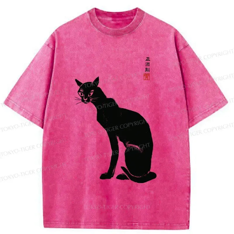 Kyoto-Lion Slender Black Cat Washed T-Shirt