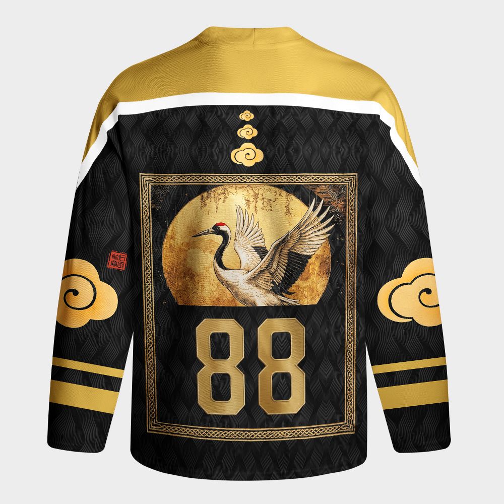 Kyoto-Lion Vintage Japanese Crane Kanji Long-Sleeve Hockey Jersey