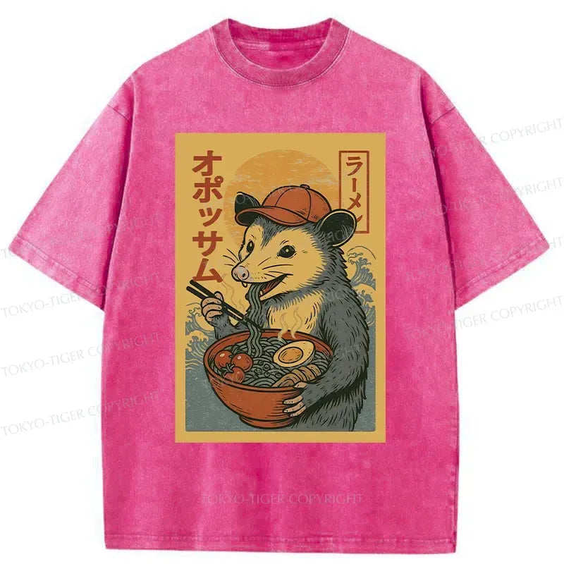 Japanese Opossum Eat Ramen Washed T-Shirt for Streetwear