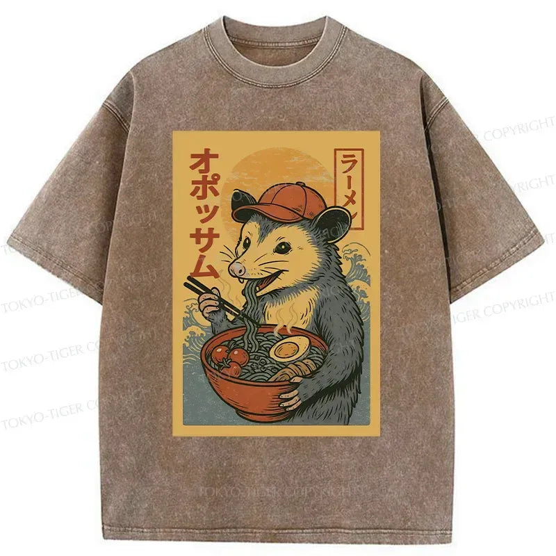 Unisex Washed T-Shirt with Opossum Eating Ramen Design