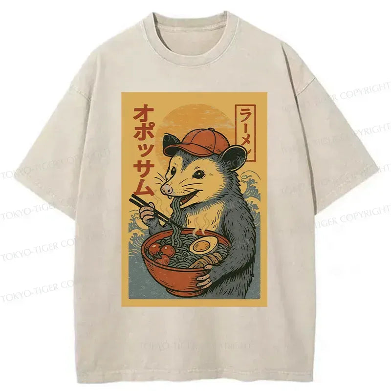 Unisex Washed T-Shirt with Opossum Eating Ramen Design