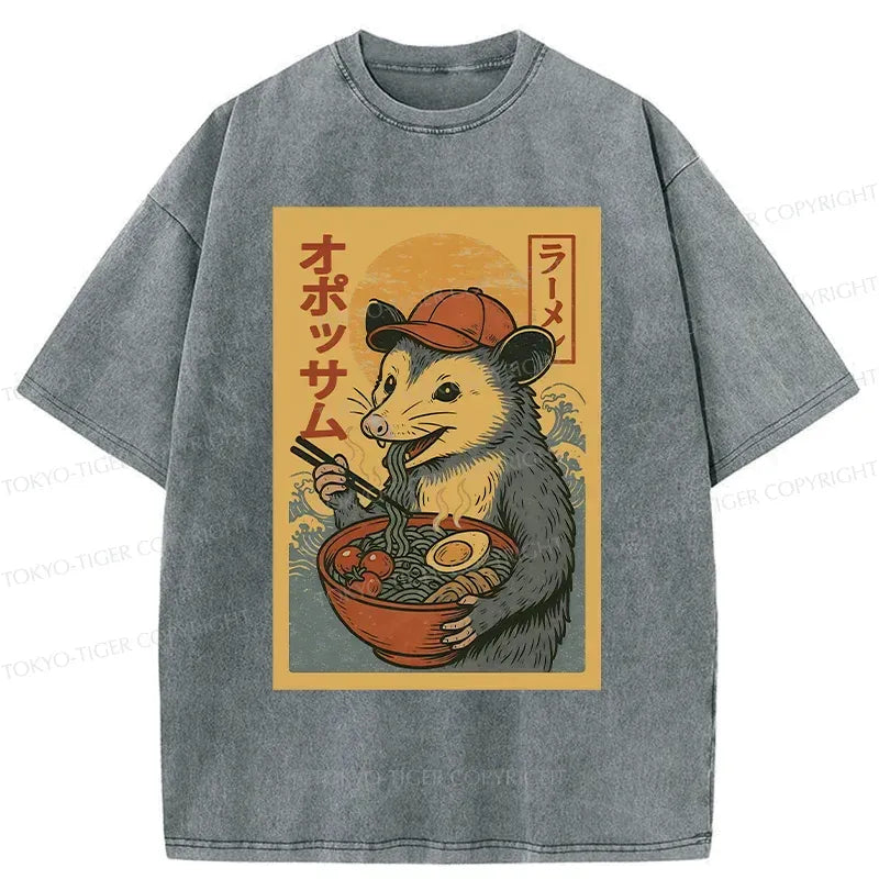 Unisex Washed T-Shirt with Opossum Eating Ramen Design