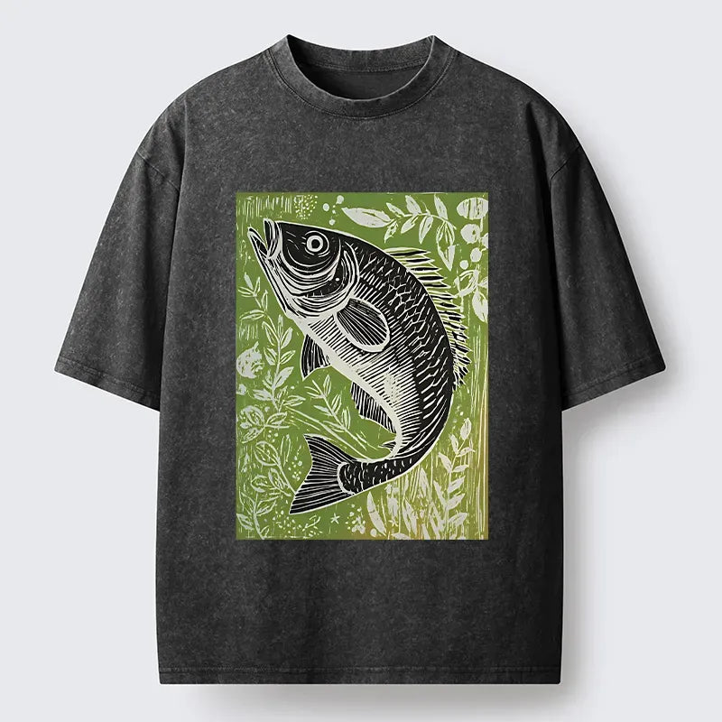 Kyoto-Lion Japanese Fish Woodblock Washed T-Shirt