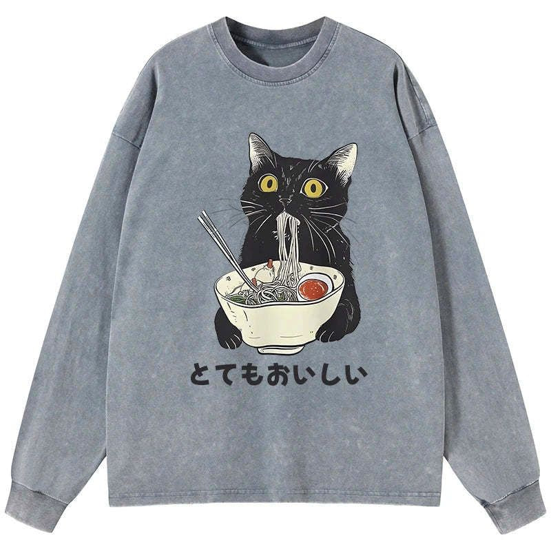 Kyoto-Lion Cats Eat Ramen Noodles Washed Long Sleeve T-Shirt