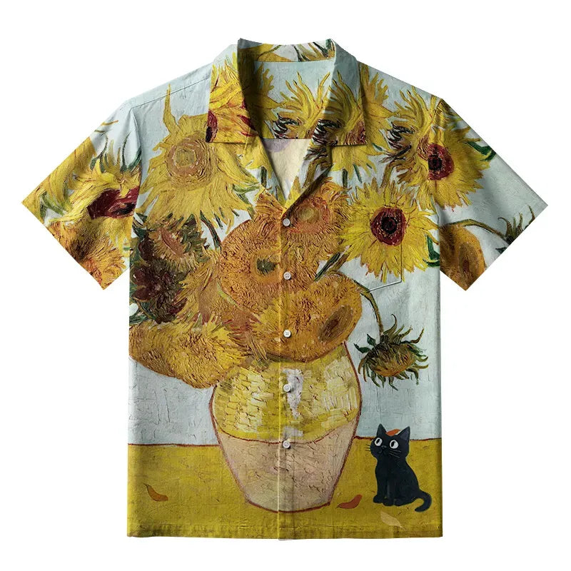 Kyoto-Lion Sunflower And Black Cat Aloha Hawaiian Shirt