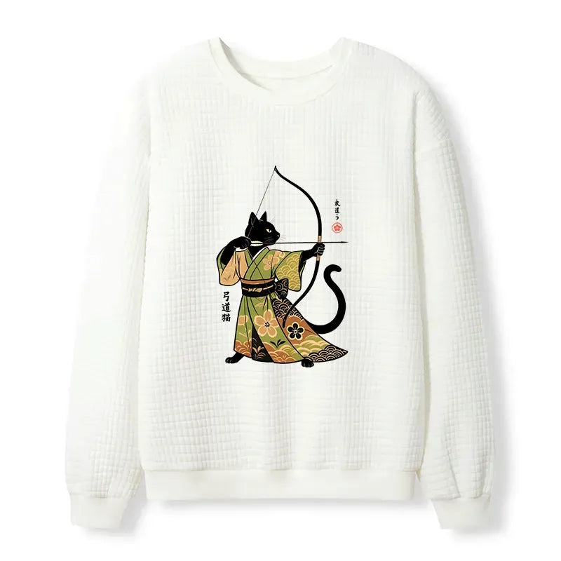 Kyoto-Lion Japan Cat Archery Waffle Sweatshirt