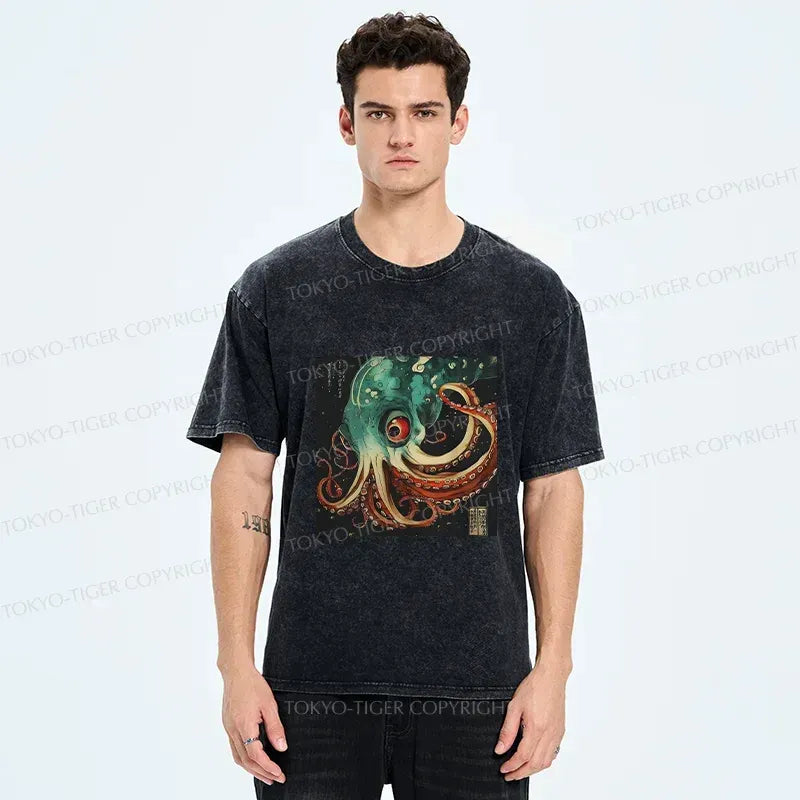 Kyoto-Lion Deep Sea Octopus Monster Washed T-Shirt