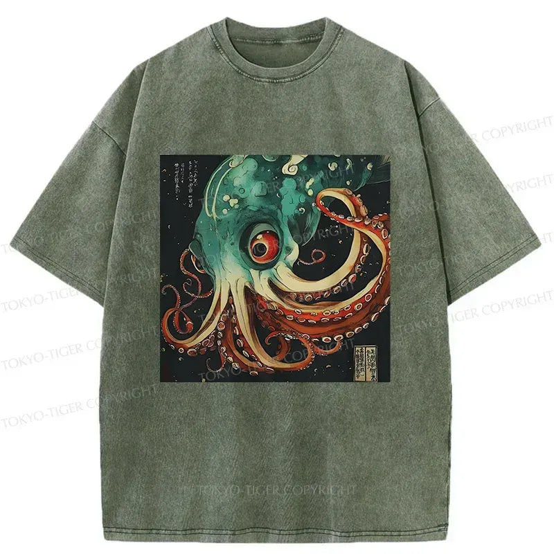 Kyoto-Lion Deep Sea Octopus Monster Washed T-Shirt