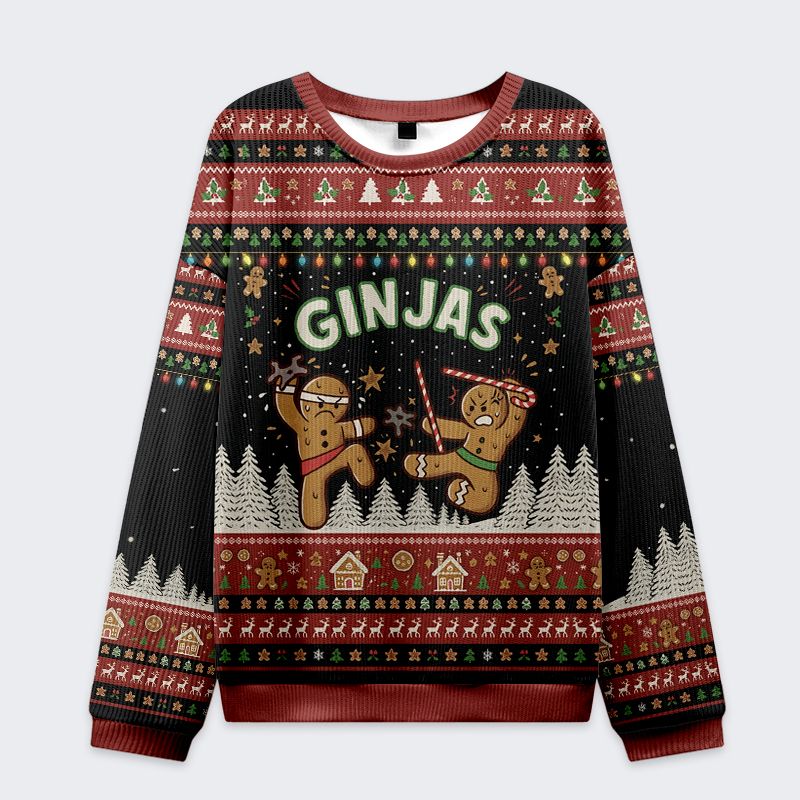 Kyoto-Lion Gingerbread Ninjas In Battle Christmas Ugly Sweatshirt