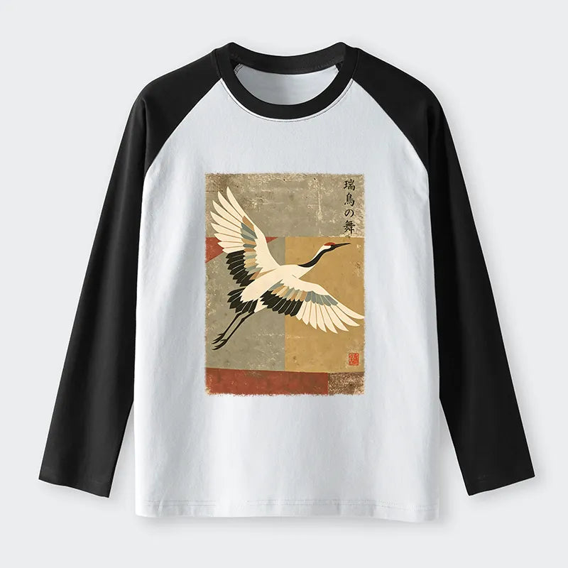 Kyoto-Lion Crane Spirit Raglan Long Sleeve T-shirt