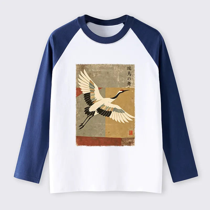 Kyoto-Lion Crane Spirit Raglan Long Sleeve T-shirt