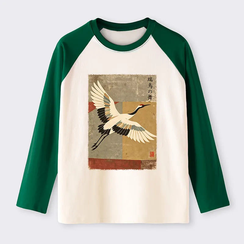 Kyoto-Lion Crane Spirit Raglan Long Sleeve T-shirt