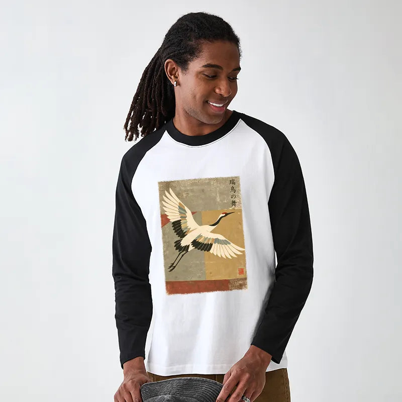 Kyoto-Lion Crane Spirit Raglan Long Sleeve T-shirt