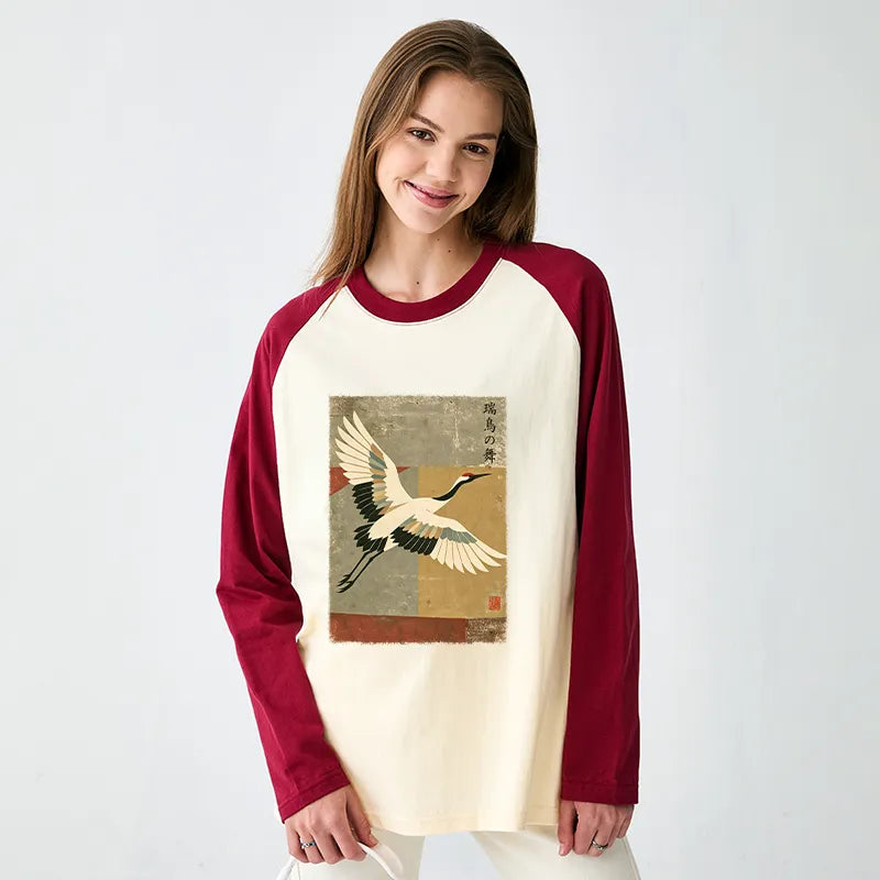Kyoto-Lion Crane Spirit Raglan Long Sleeve T-shirt