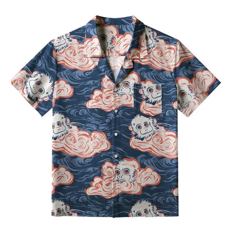 Traditional Japanese Monkey Print Button Up Shirt