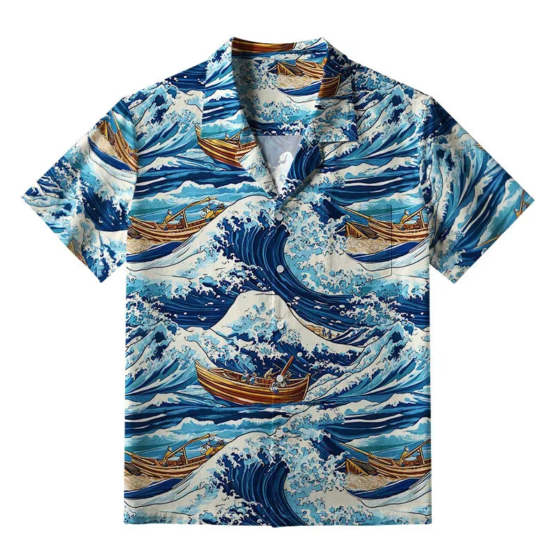Japanese Wave Aloha Shirt for Vacation