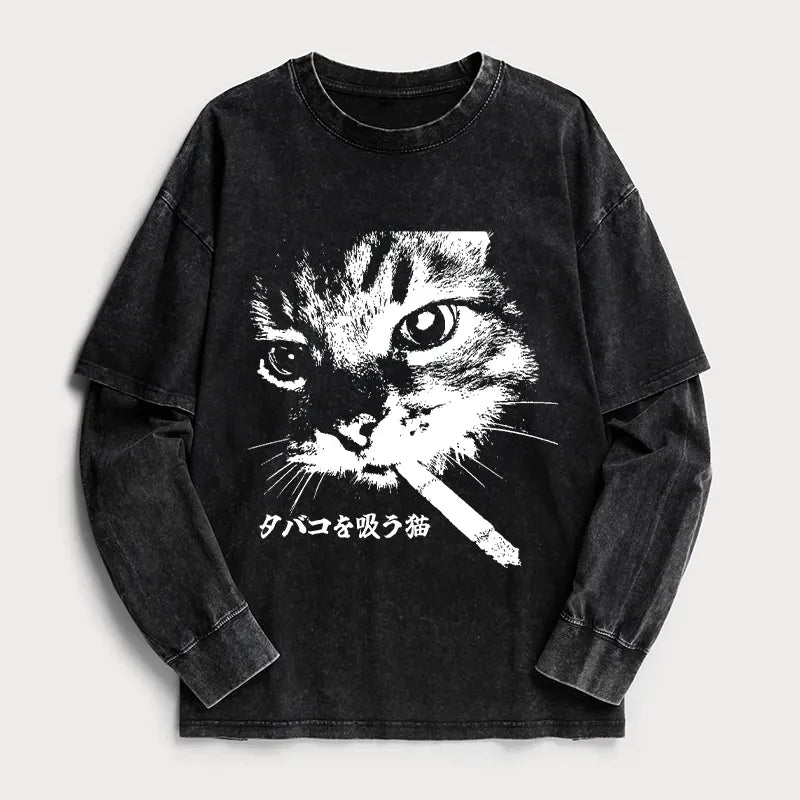 Kyoto-Lion Retro Cat Smoking Washed Double Layer T-Shirt