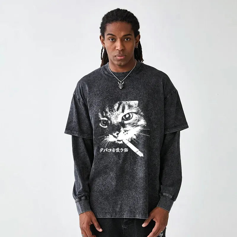 Retro Cat Smoking T-Shirt for Streetwear