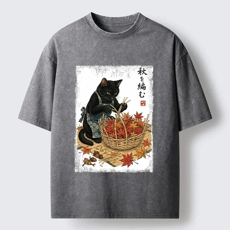 Kyoto-Lion Autumn Weaving Black Cat Washed T-Shirt