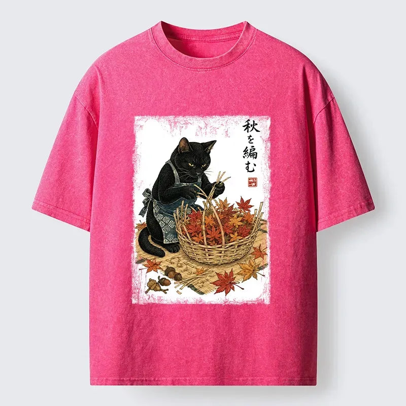 Kyoto-Lion Autumn Weaving Black Cat Washed T-Shirt