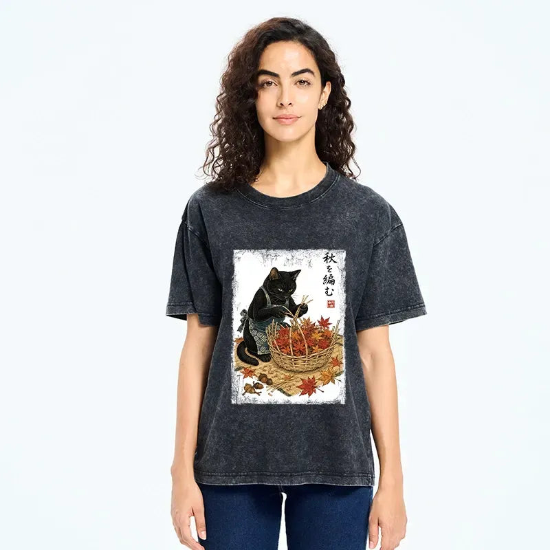 Japanese Black Cat Washed T-Shirt