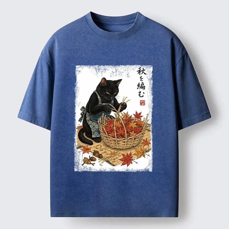 Kyoto-Lion Autumn Weaving Black Cat Washed T-Shirt
