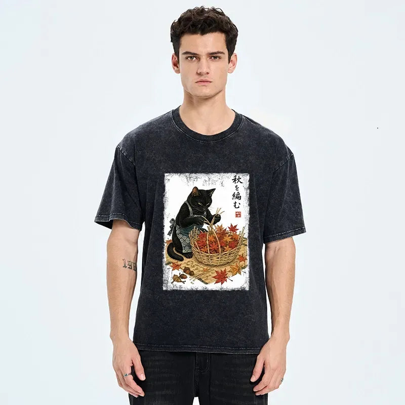 Japanese Black Cat Washed T-Shirt