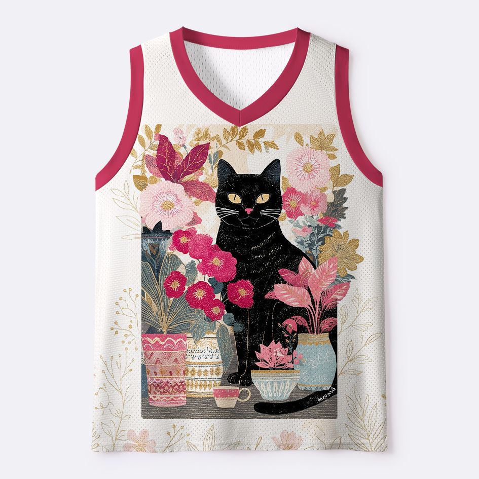 Kyoto-Lion Vintage Black Cat Floral Bouquet Mesh Tank Top