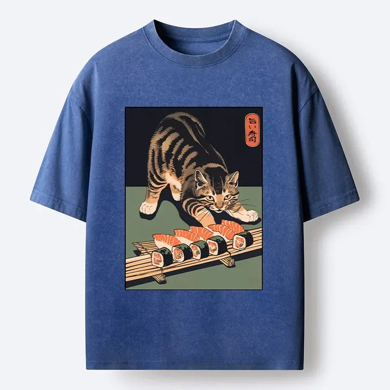 Kyoto-Lion Cute Cat Trying To Steal Sushi Washed T-Shirt