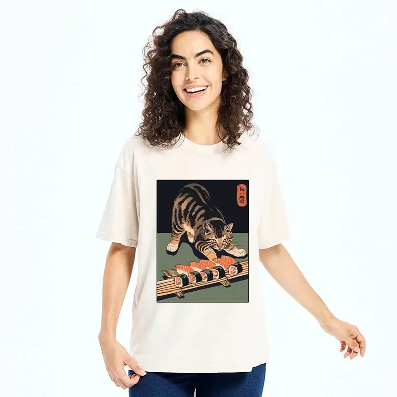 Kyoto-Lion Cute Cat Trying To Steal Sushi Washed T-Shirt