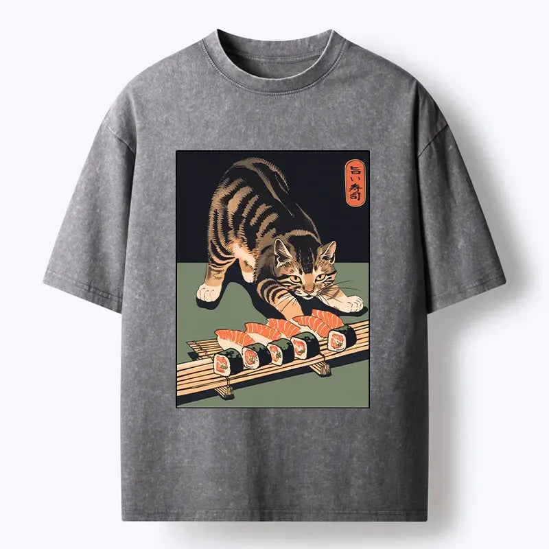 Vintage Washed Cat T-Shirt for Summer