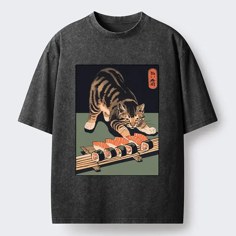 Kyoto-Lion Cute Cat Trying To Steal Sushi Washed T-Shirt
