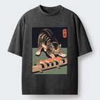 Kyoto-Lion Cute Cat Trying To Steal Sushi Washed T-Shirt