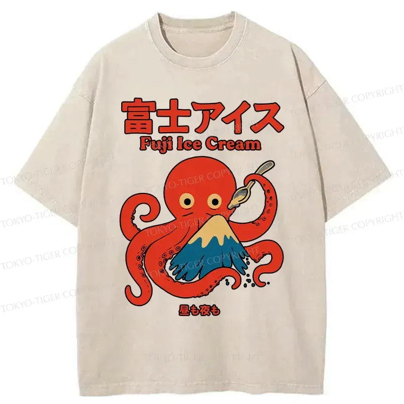 Kyoto-Lion Octopus Eating Mount Fuji Washed T-Shirt
