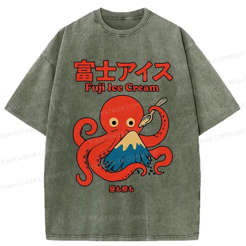 Kyoto-Lion Octopus Eating Mount Fuji Washed T-Shirt