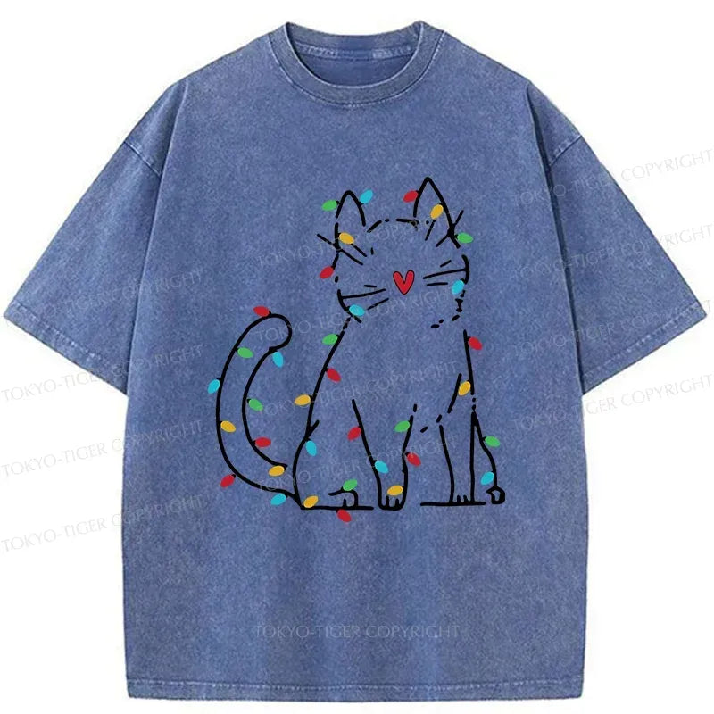 Kyoto-Lion Japan Christmas Lights Cat Washed T-Shirt