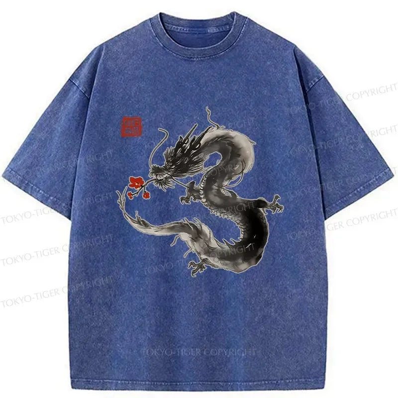 Japanese Dragon Holding Flower Washed T-Shirt