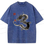 Japanese Dragon Holding Flower Washed T-Shirt