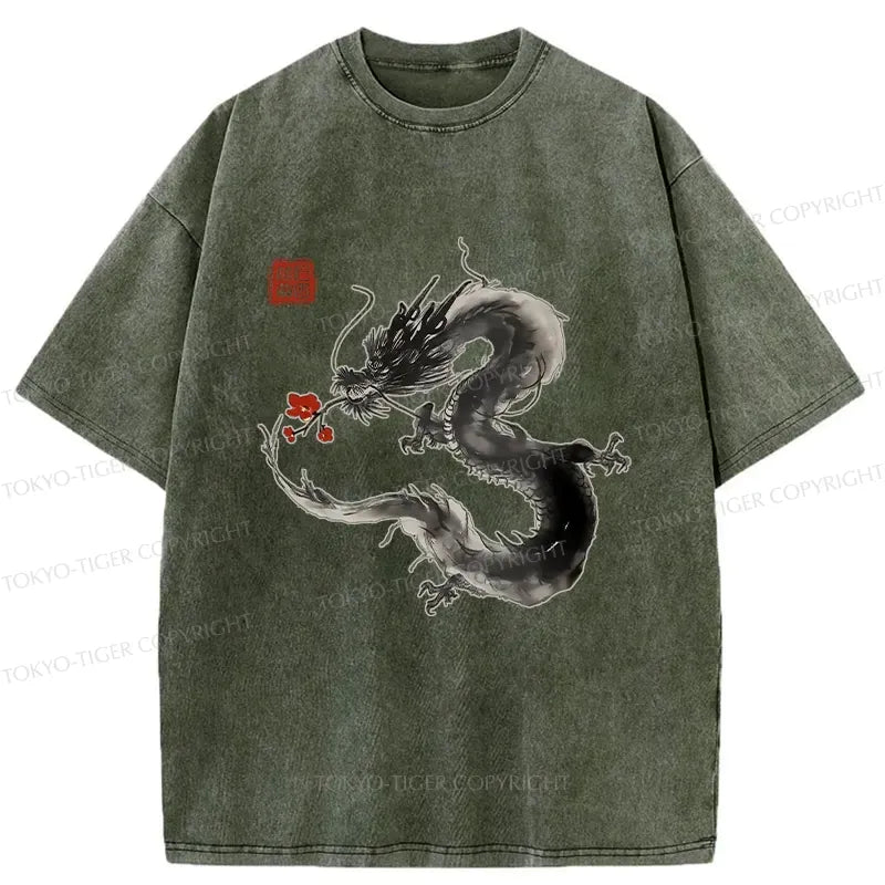 Japanese Dragon Holding Flower Washed T-Shirt